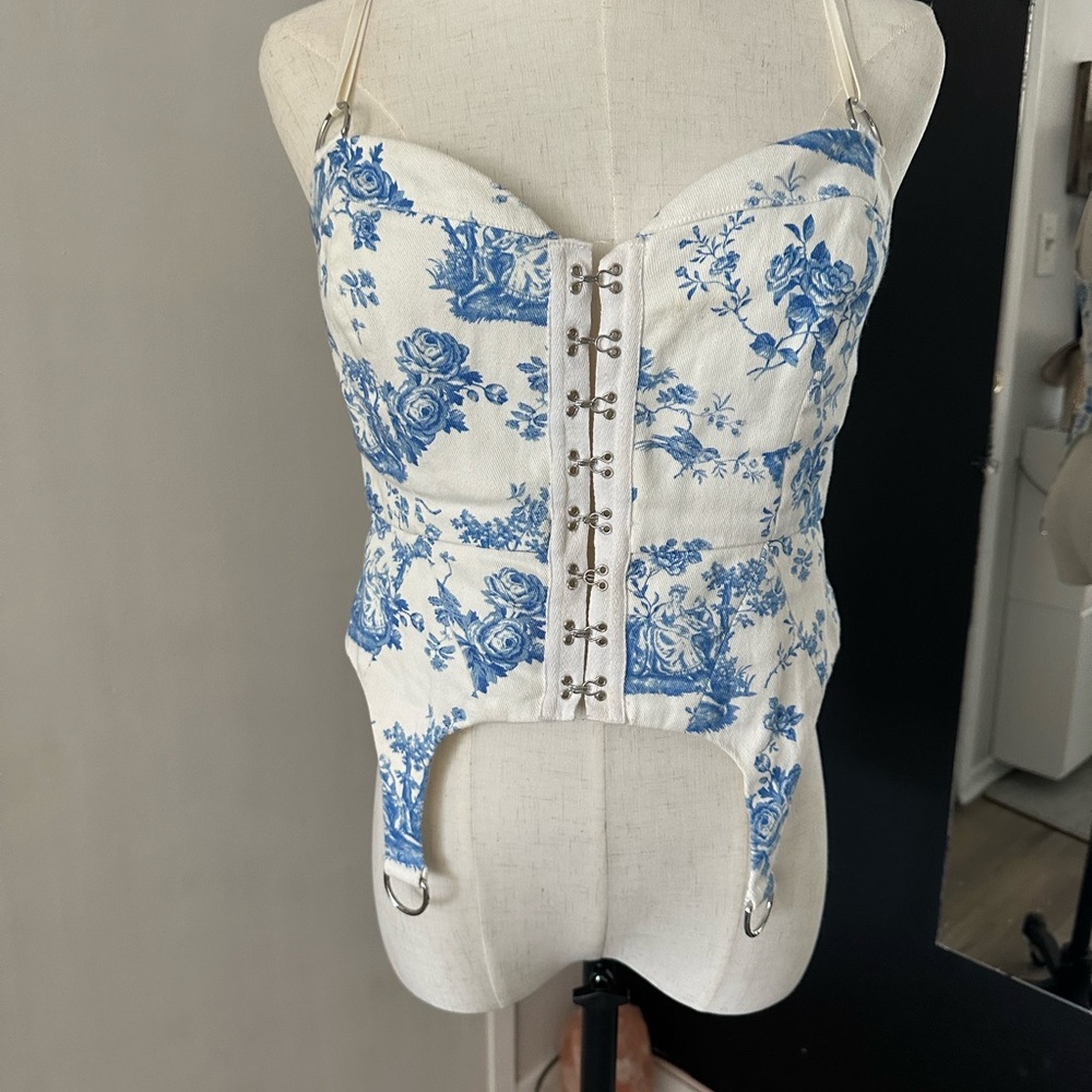 For Love and Lemons Blue and White Corset Top